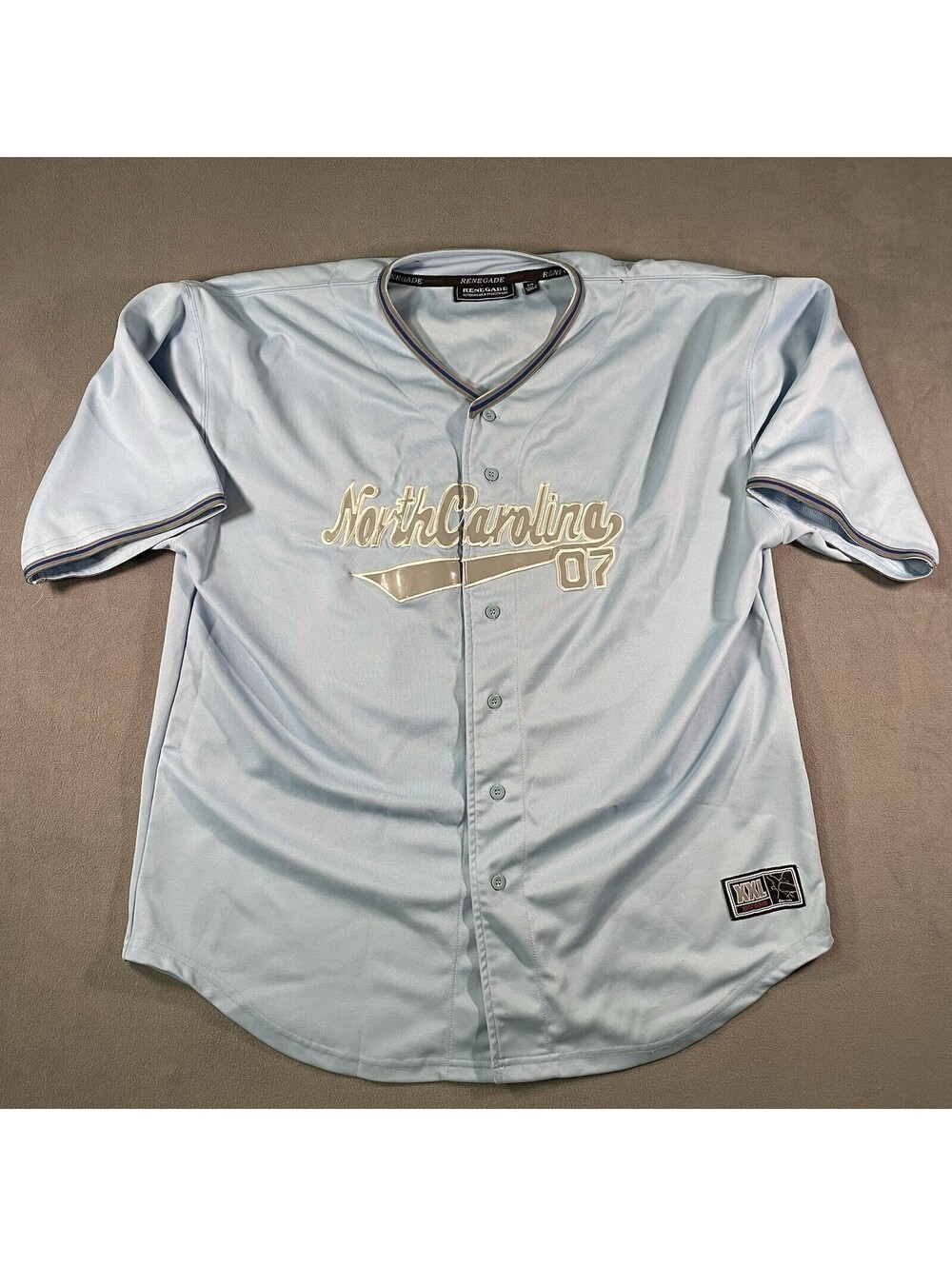 Y2K Renegade North Carolina 07 Baseball Jersey Size XXL Light Blue Button Front